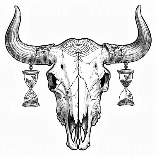 Longhorn kallo ja tiimalasi tatuointisuunnitelma