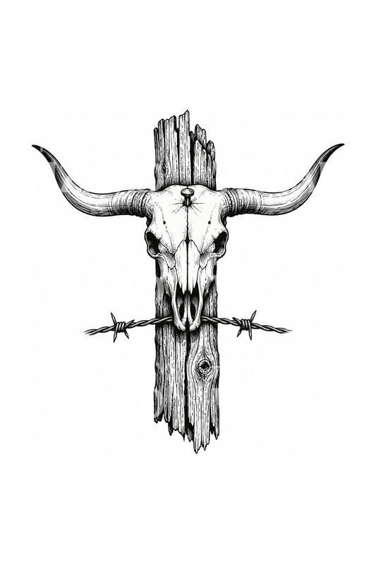 Longhorn Skull on Fence Post Sketch Tattoo