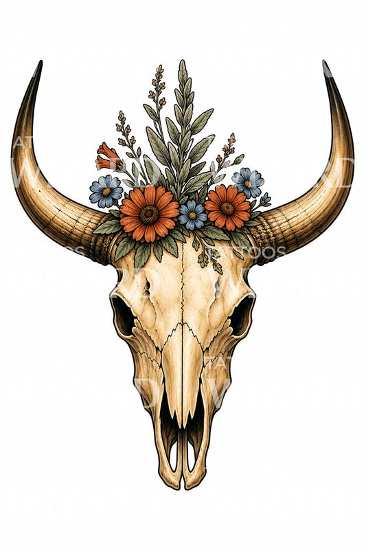 Longhorn-kallo ja luonnonkukat tatuointimalli