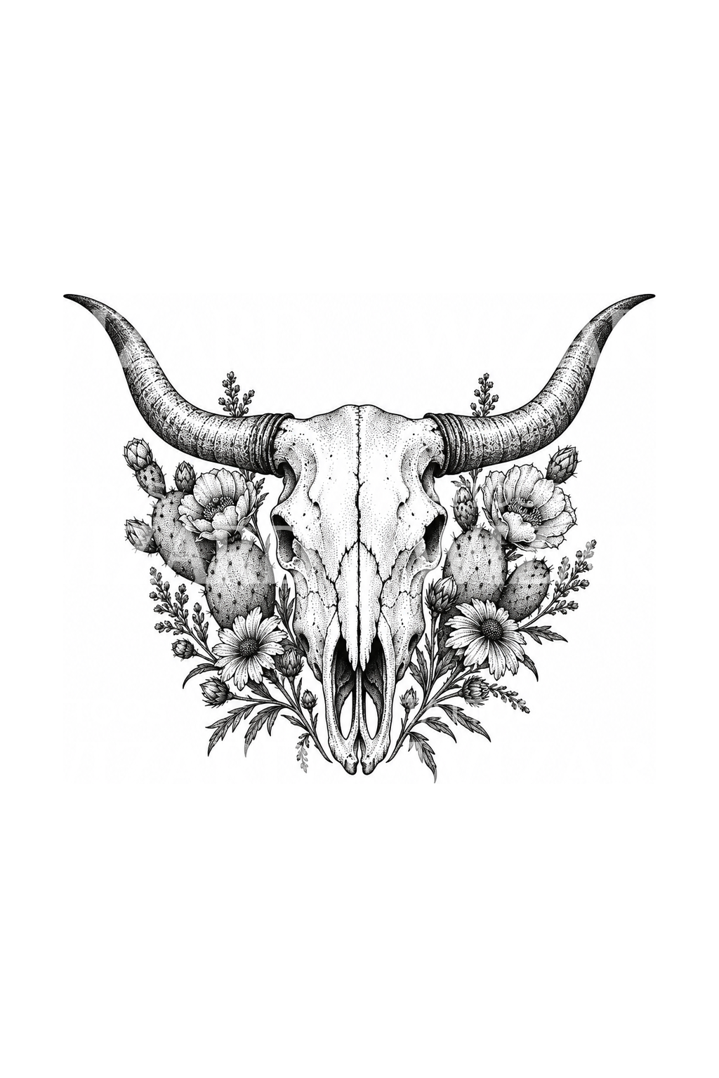 Tato dotwork tengkorak longhorn dengan kaktus dan bunga gurun