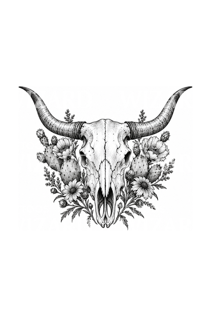 Tato dotwork tengkorak longhorn dengan kaktus dan bunga gurun