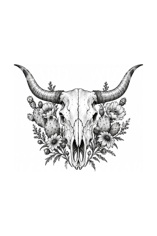 Dotwork-tatovering av longhorn-kranium med kaktus og ørkenblomster