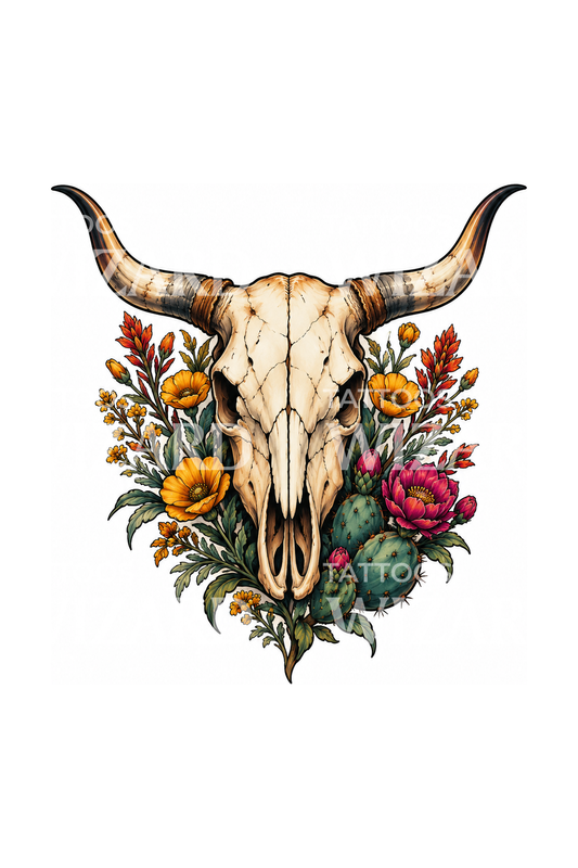 Longhorn-Schädel mit Wüstenblüten, Tattoo-Design