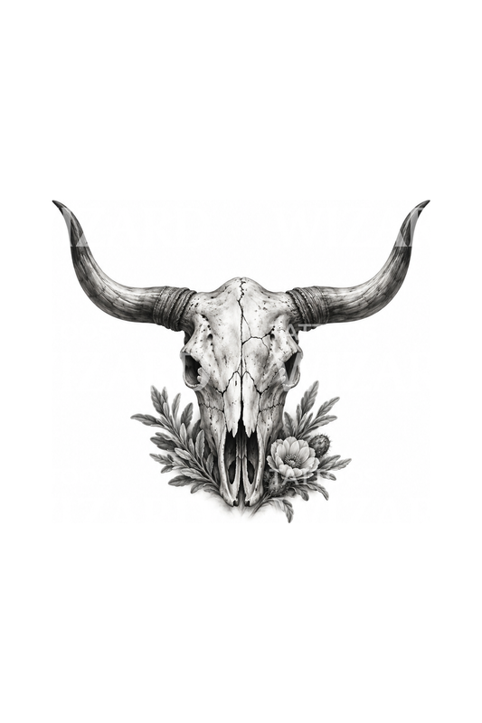 Desain Tato Tengkorak Sapi Longhorn dengan Bunga Gurun