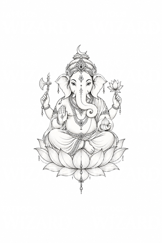 Disegno tattoo di Lord Ganesha seduto su un loto