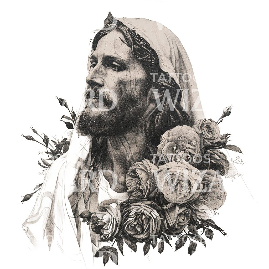 Lord Jesus Christ With Roses Tattoo Design