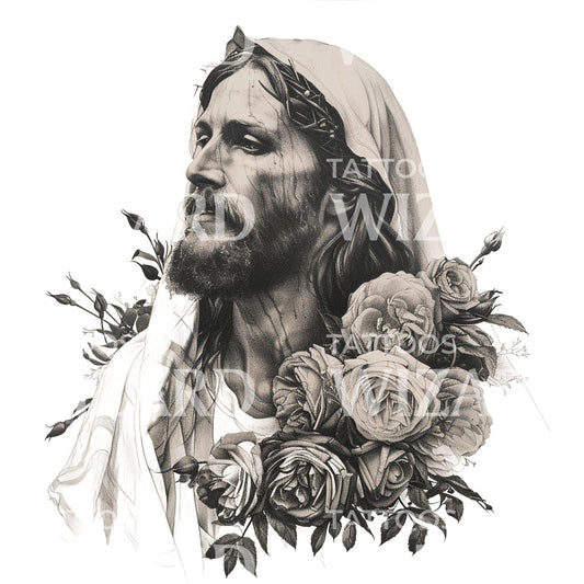 Lord Jesus Christ With Roses Tattoo Design