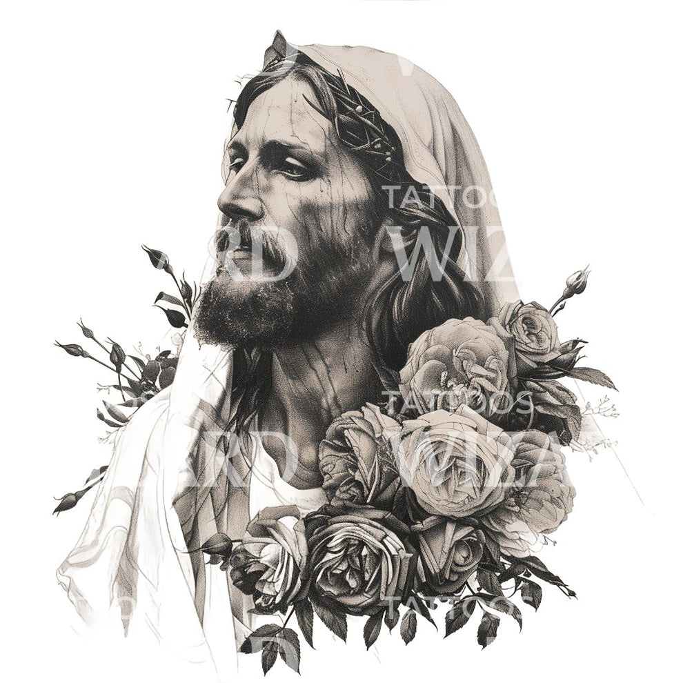 Lord Jesus Christ With Roses Tattoo Design – Tattoos Wizard Designs