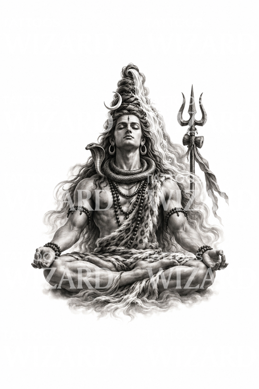Tatuering med den mediterande guden Shiva och Ganges