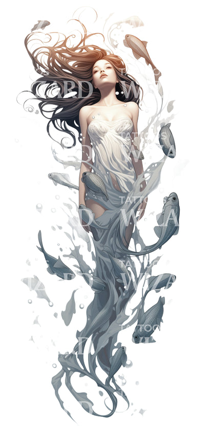 Lost Mermaid Swimming With Fish Tattoo Design