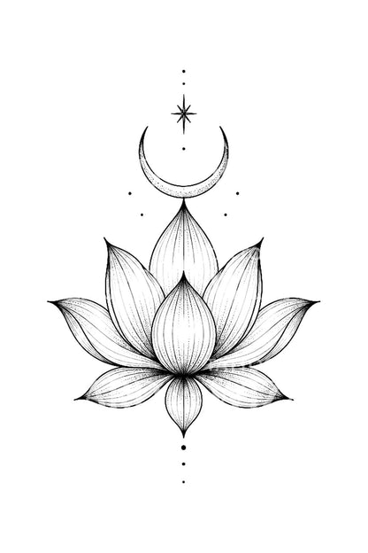 Fineline-tatoveringsidé med lotus og månesegl