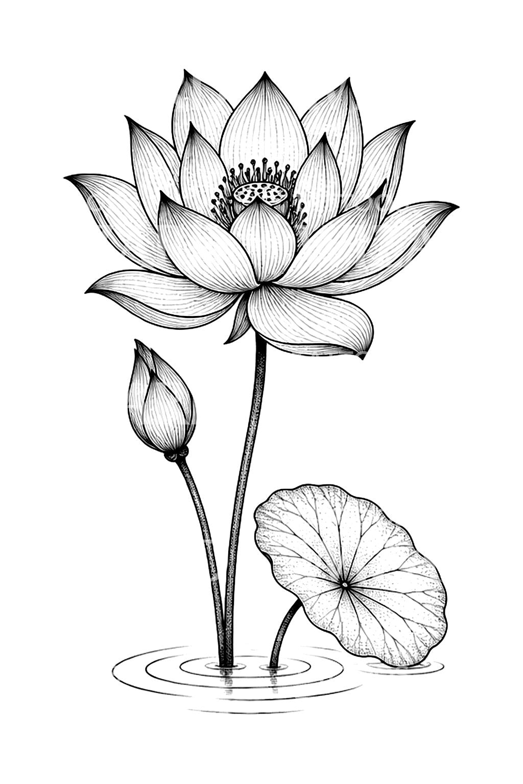 Fine-Line-Tattoo-Idee mit Lotusknospe und Wellenringen