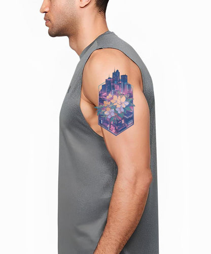 Neon Lotus City Tattoo Design