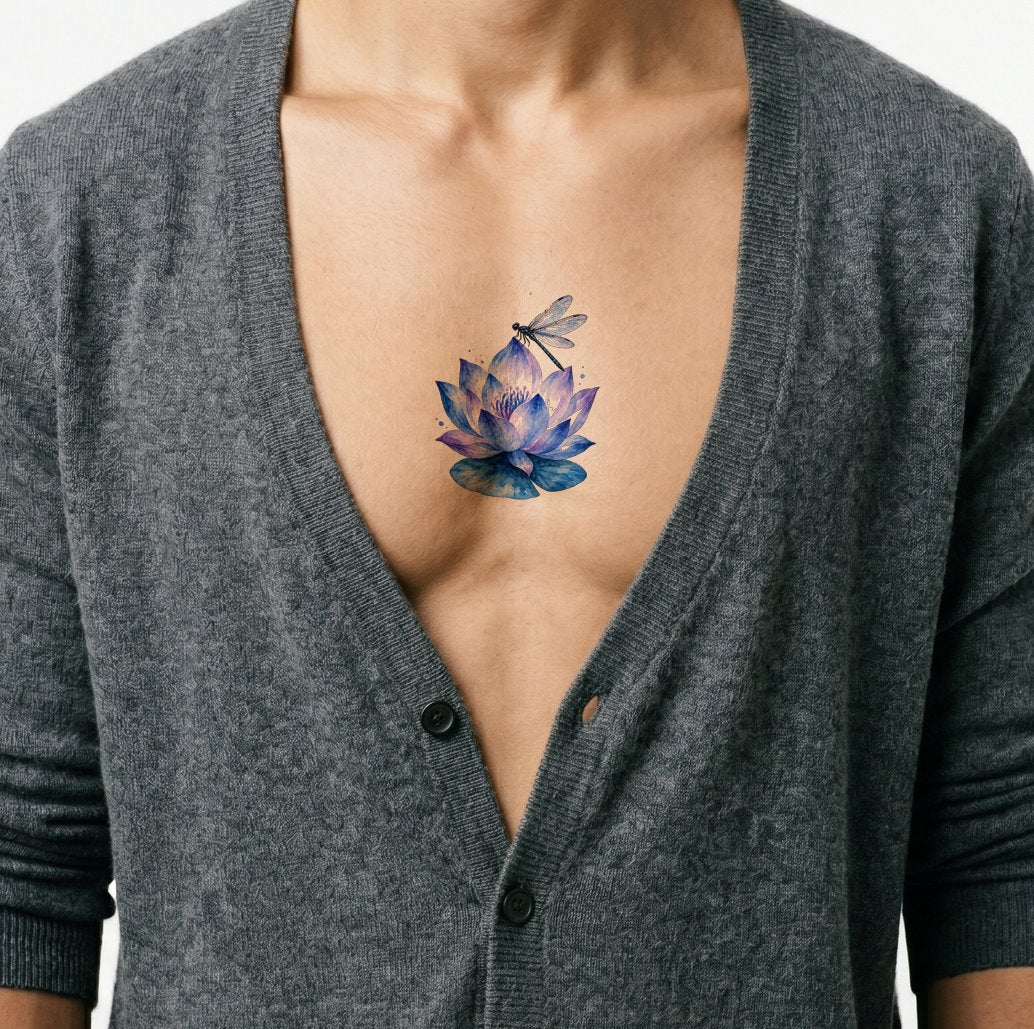 Lila lotus med trollslända, tatueringsdesign
