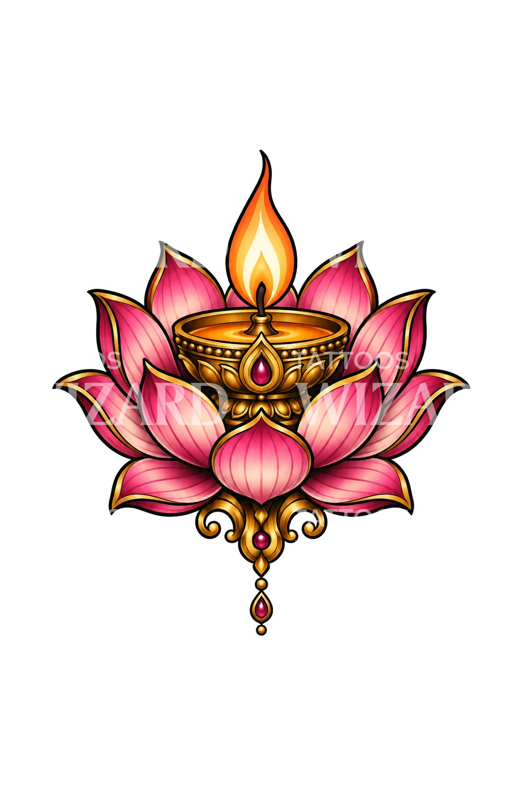 Lotus met gouden olielamp, tattoo-ontwerp