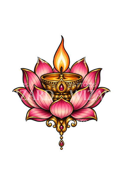 Lotus met gouden olielamp, tattoo-ontwerp