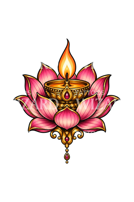 Kultaisen öljylampun pitelevä lootus, tatuointimalli