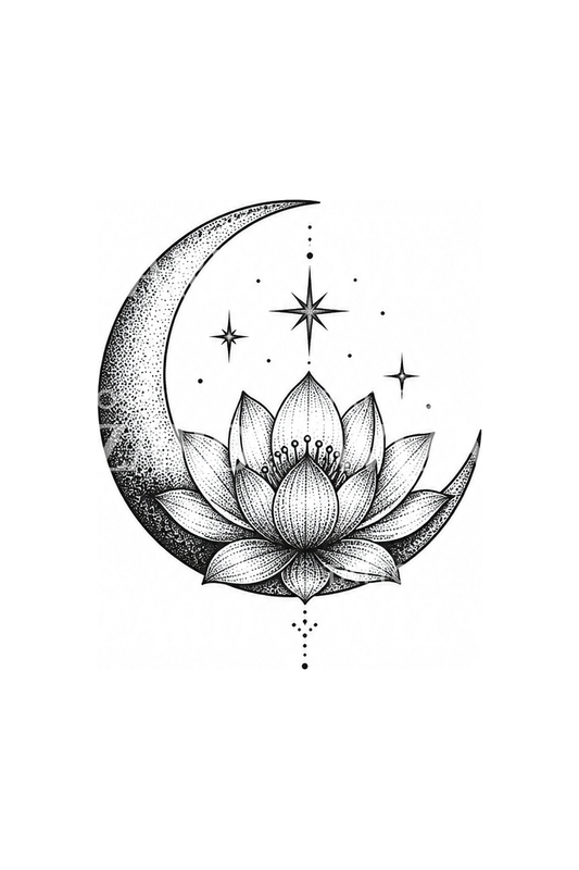 Dotwork-tatuering med lotus i månskära