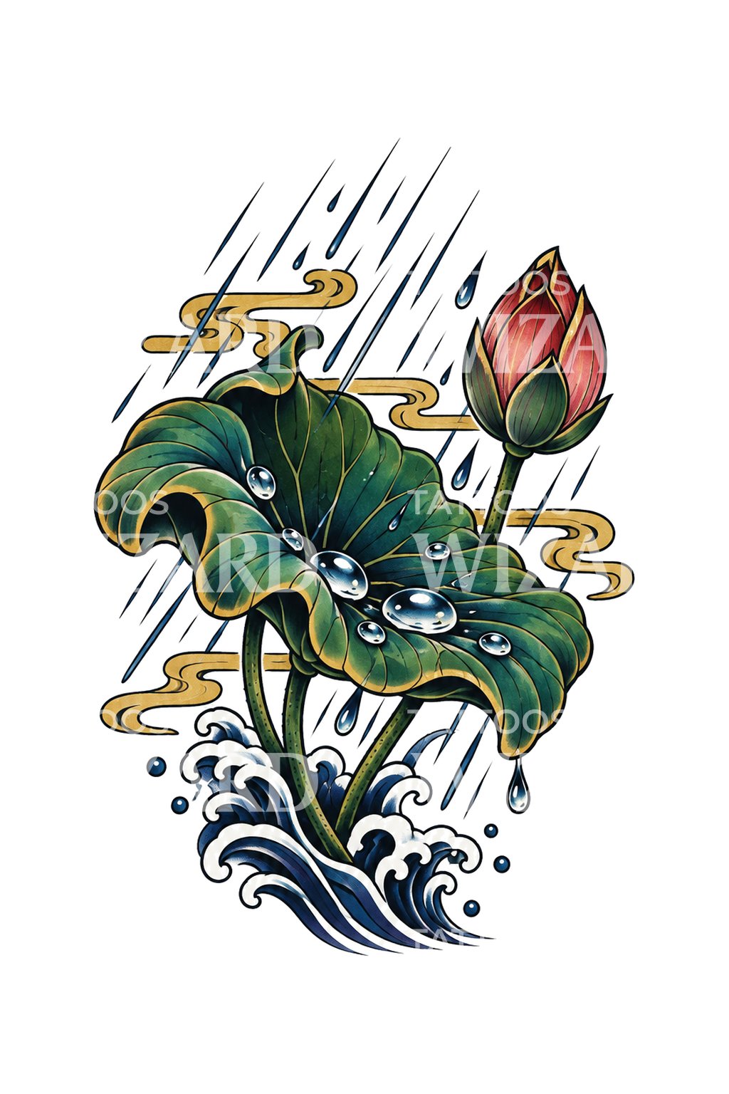 Irezumi-illustrasjon av lotusblad som samler regndråper