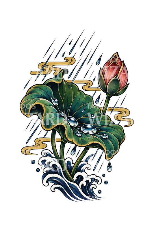 Ilustrasi tato Irezumi daun teratai yang menampung tetes hujan