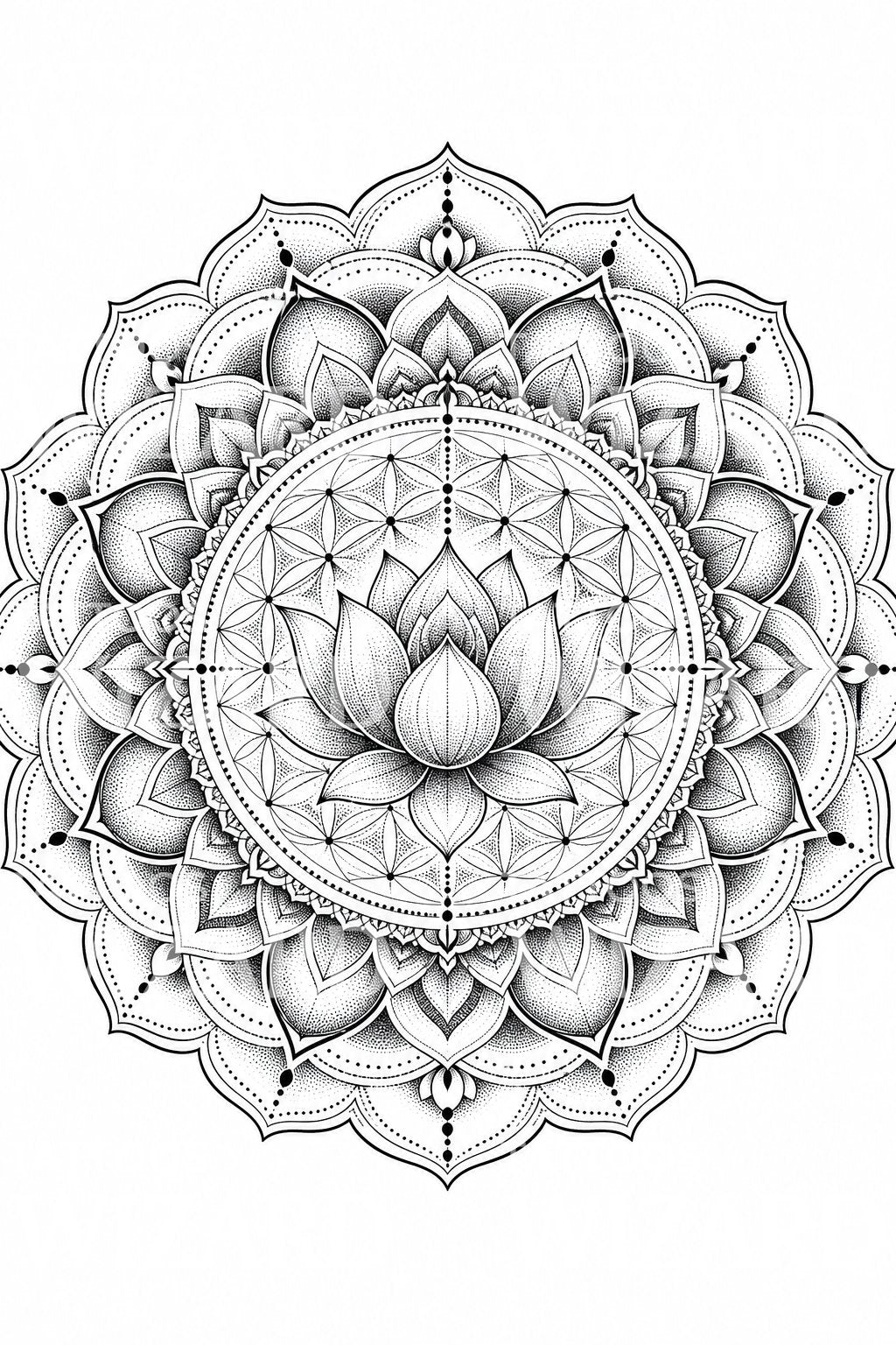 Modèle de tatouage mandala lotus dotwork