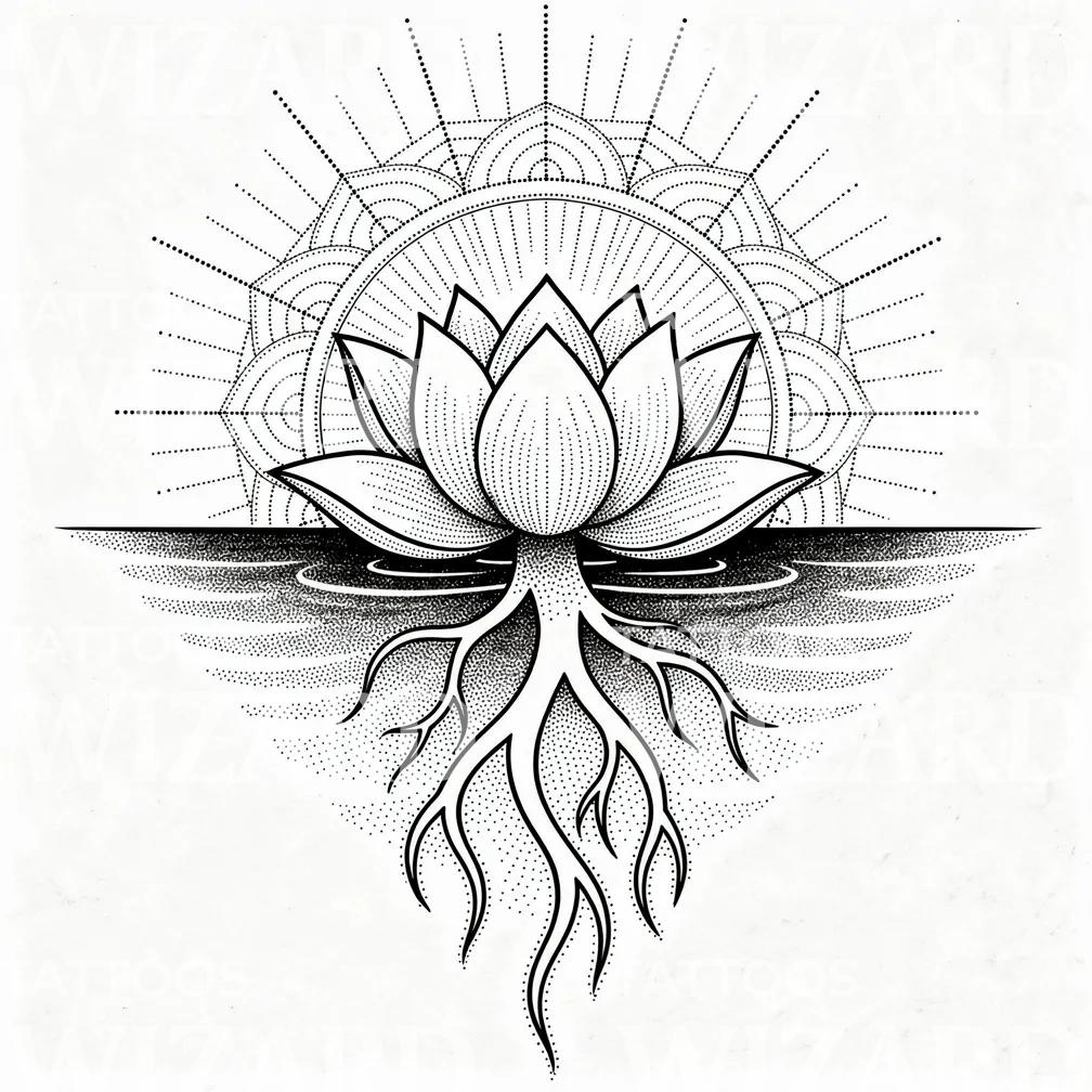 Lotus Mandala with Roots Tattoo Illustration