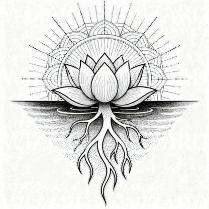 Lotus Mandala with Roots Tattoo Illustration