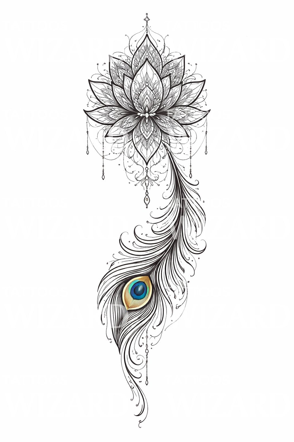 Lotus Peacock Feather Tattoo Design