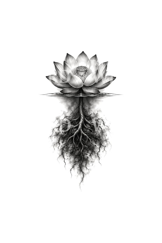 Tatueringsillustration av lotus som reser sig ur mörka rötter