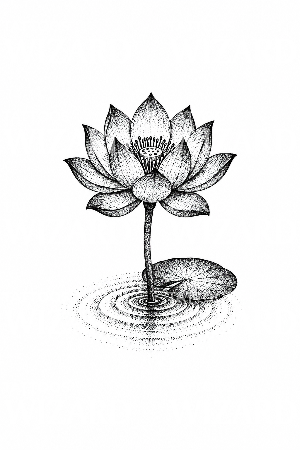 Teratai Muncul dari Air Beriak, Desain Tato Dotwork