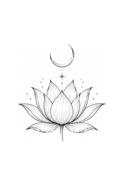 İnce çizgili lotus ve hilal dövmesi