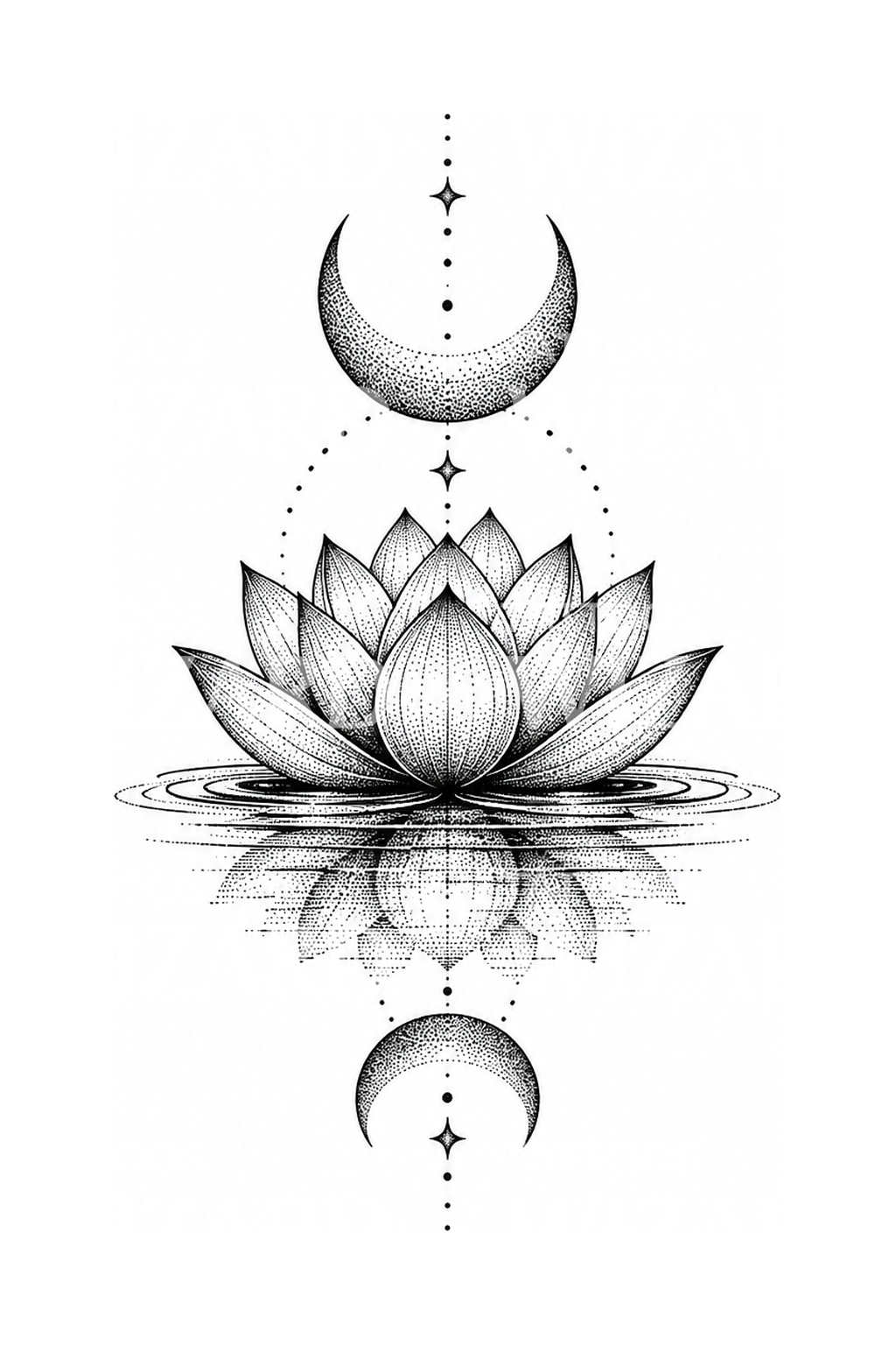 Lotus mit Mondsicheln als Punkt-Tattoo
