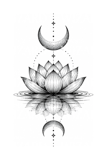 Lotus mit Mondsicheln als Punkt-Tattoo
