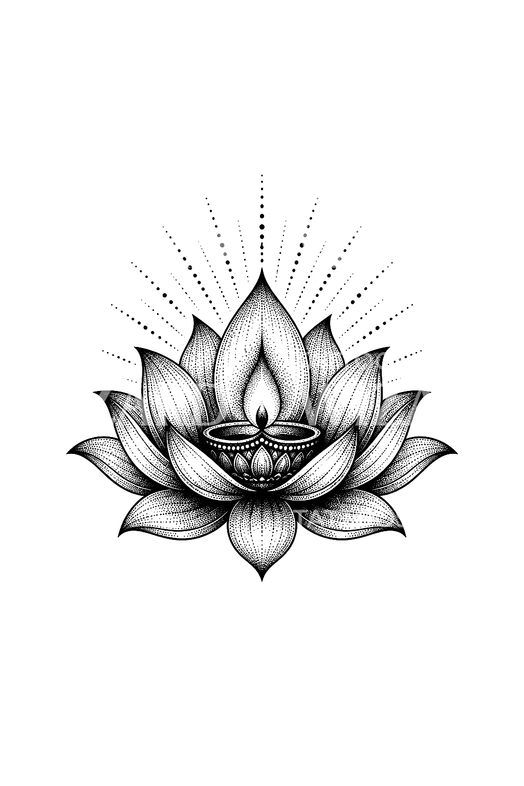 Tatuaż lotosu z lśniącą lampką diya w stylu dotwork