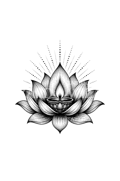 Tatuaż lotosu z lśniącą lampką diya w stylu dotwork