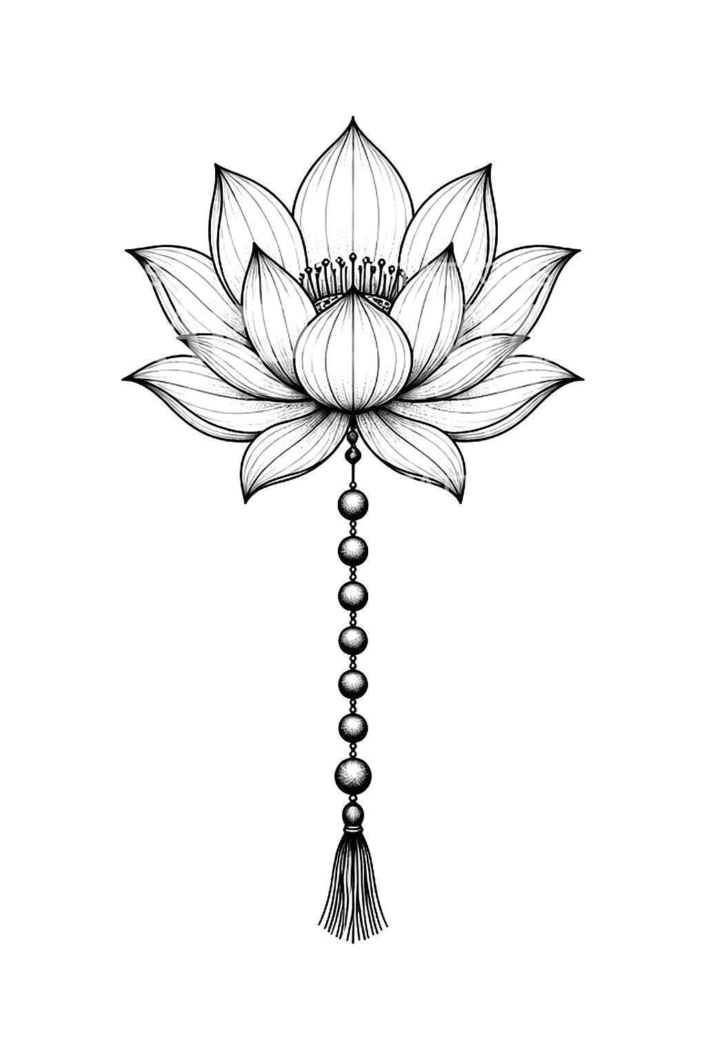 Lotus with Mala Bead Drop Tattoo Design