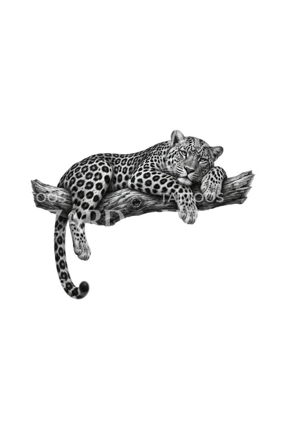 Lounging Leopard on Branch Realism Tattoo Illustration