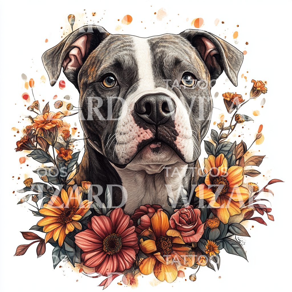 Loyal Staffy Dog with Floral Accents Tattoo Design