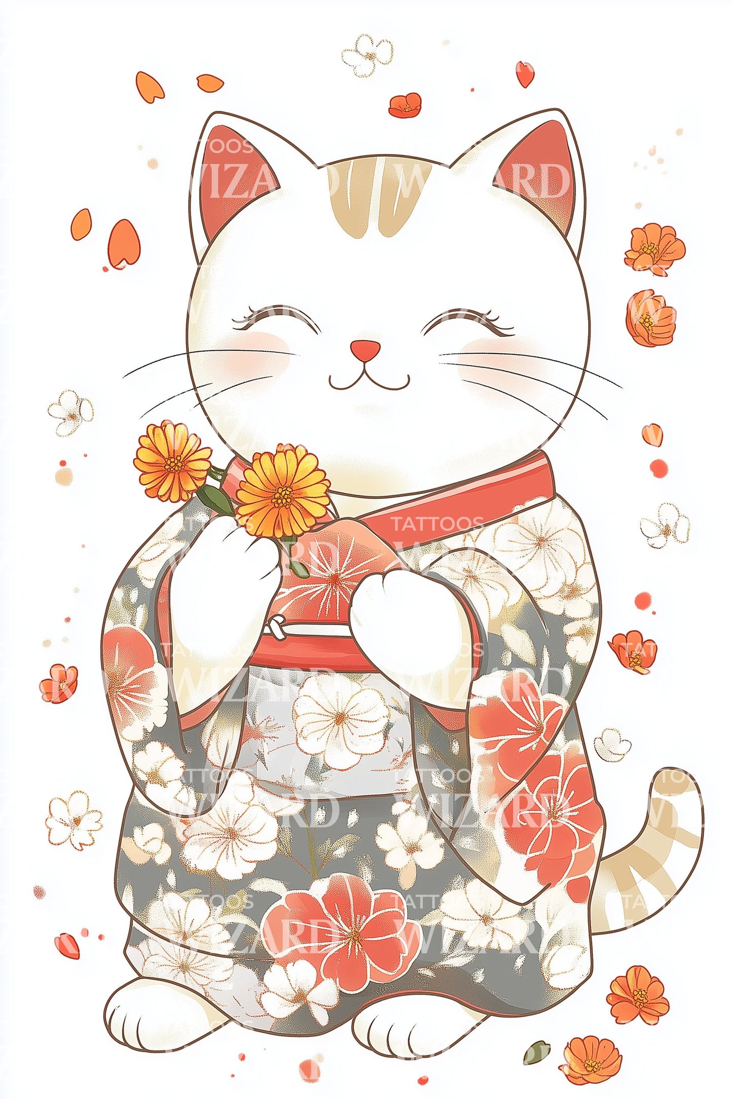 Design de Tatuagem Floral Gato da Sorte