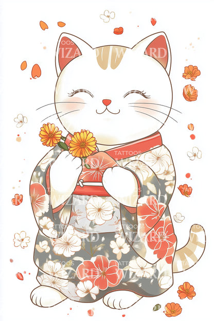 Lucky Cat Floral Tattoo Design