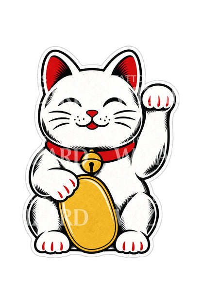 Lucky Cat Waving Paw Sticker Tattoo Idea
