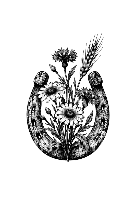 Lucky Horseshoe with Wildflowers Dotwork Tattoo Idea