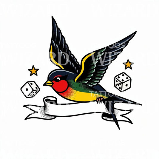 Design tatuaggio rondine portafortuna con banner