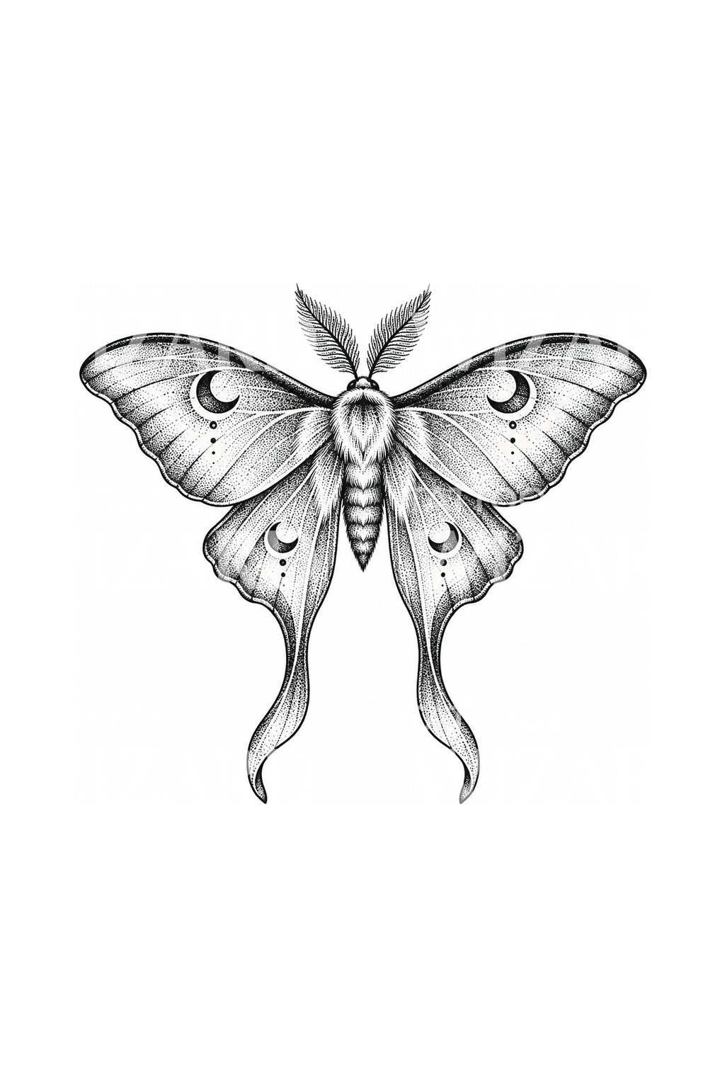 Luna Moth Crescent Dotwork Tattoo Design