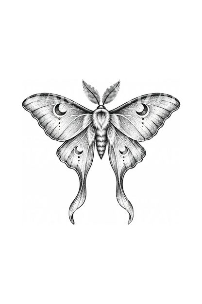 Luna Moth Crescent Dotwork Tattoo Design