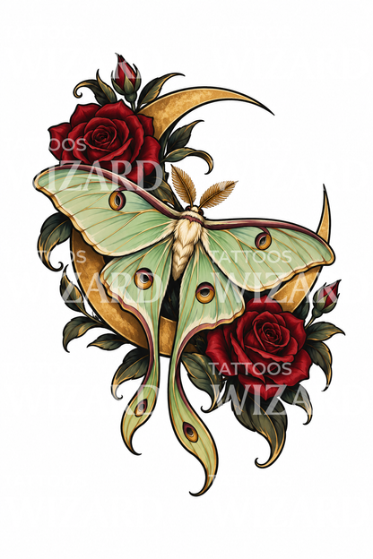Illustration de tatouage de papillon lunaire sur croissant de lune avec roses