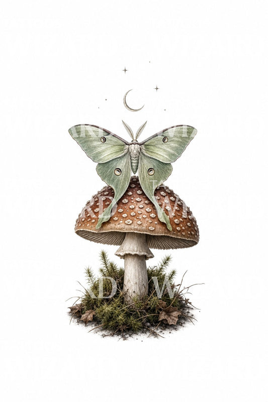 Design de tatuagem de mariposa luna e cogumelo