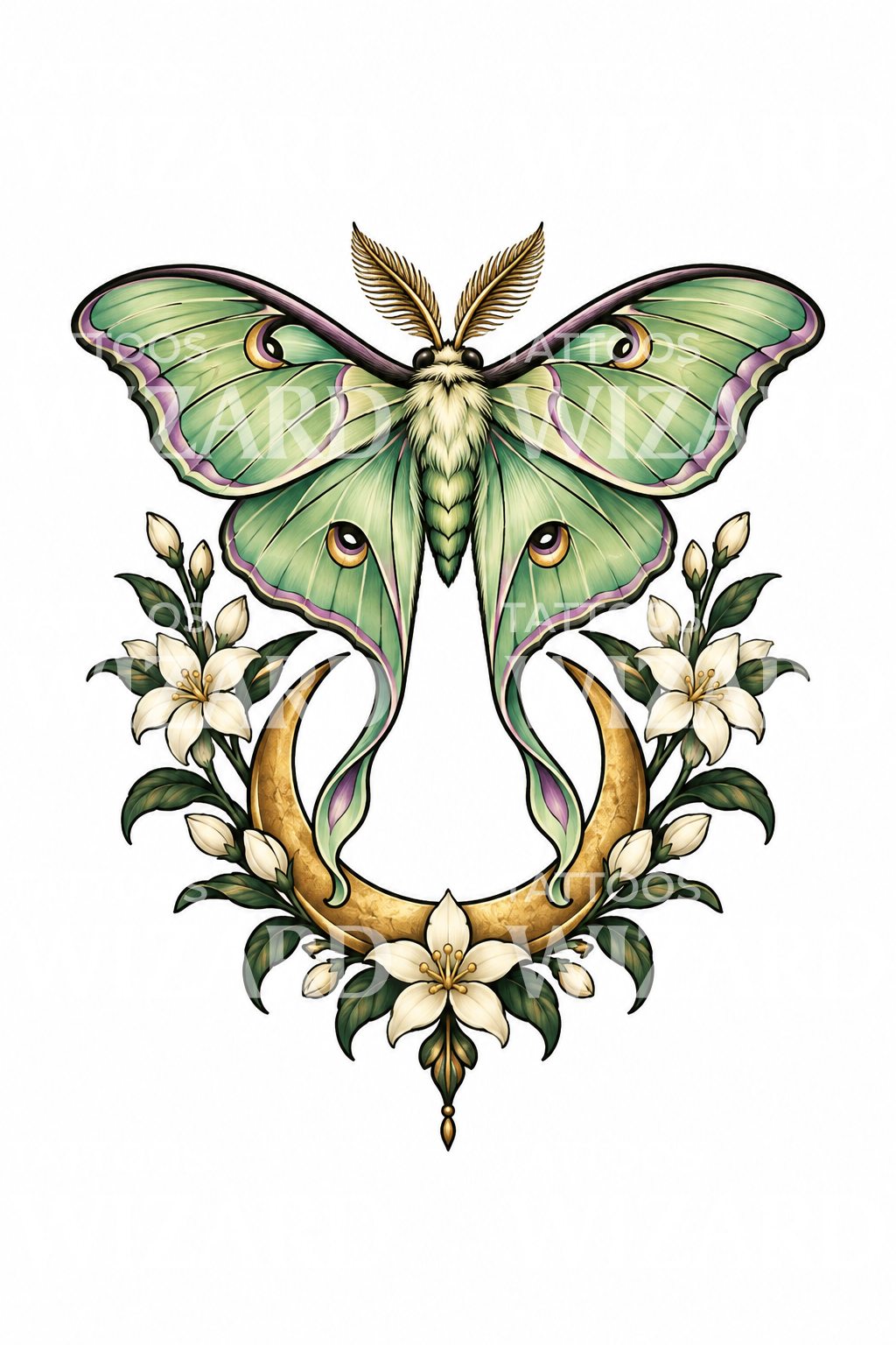 Phalène lunaire avec croissant de lune et jasmin, modèle de tatouage