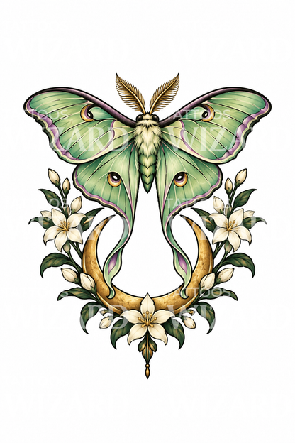 Phalène lunaire avec croissant de lune et jasmin, modèle de tatouage