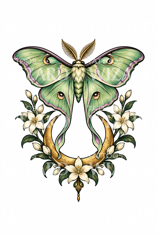 Månfjäril med halvmåne och jasmin, tatueringsdesign